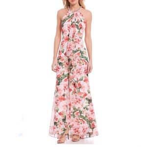 NWT Calvin Klein Beaded Calvin Halter Necklace Draped Pink Floral Gown Sz 14